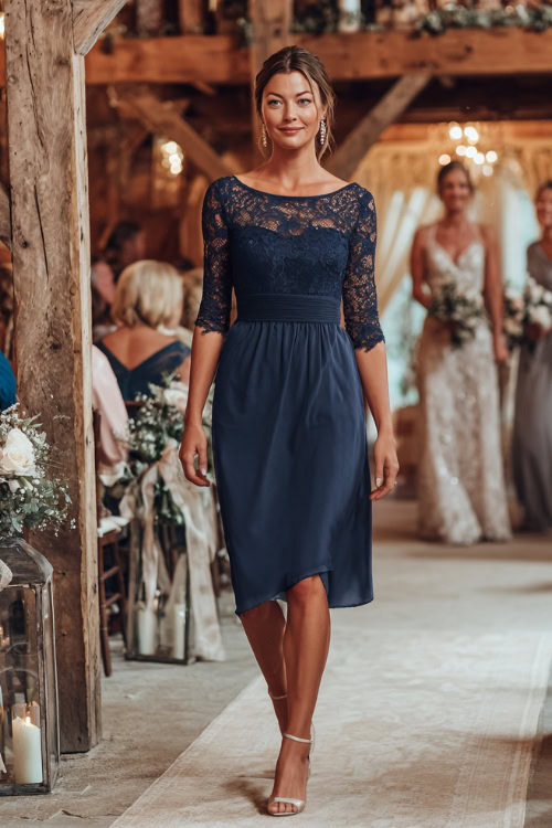 A woman wears a navy blue chiffon A-line dress with lace sleeves, styled with silver heels and pearl earrings, walking along a decorated wedding aisle inside a rustic barn venue