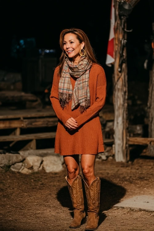 A woman over 40 in a rust-orange sweater dress with a plaid scarf, hoop earrings, and tall cowboy boots standing at a rustic fall concert venue