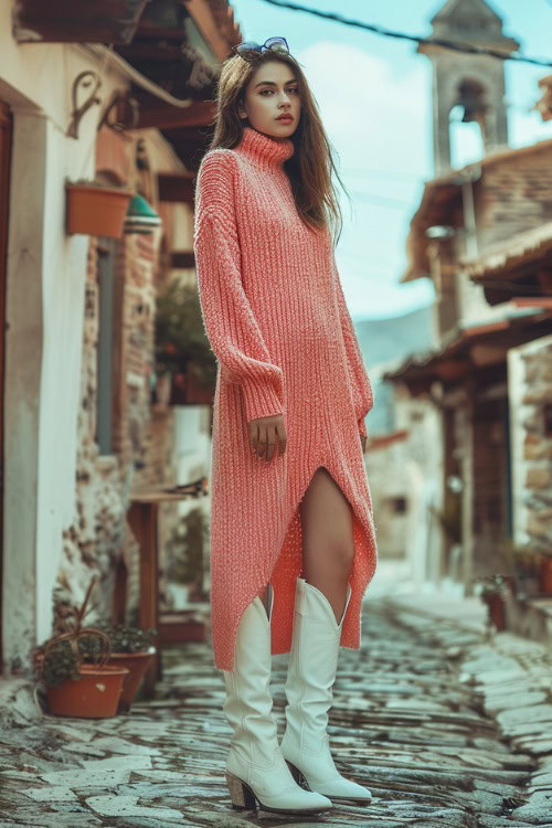 A woman wears white cowboy boots with a pink sweater dress