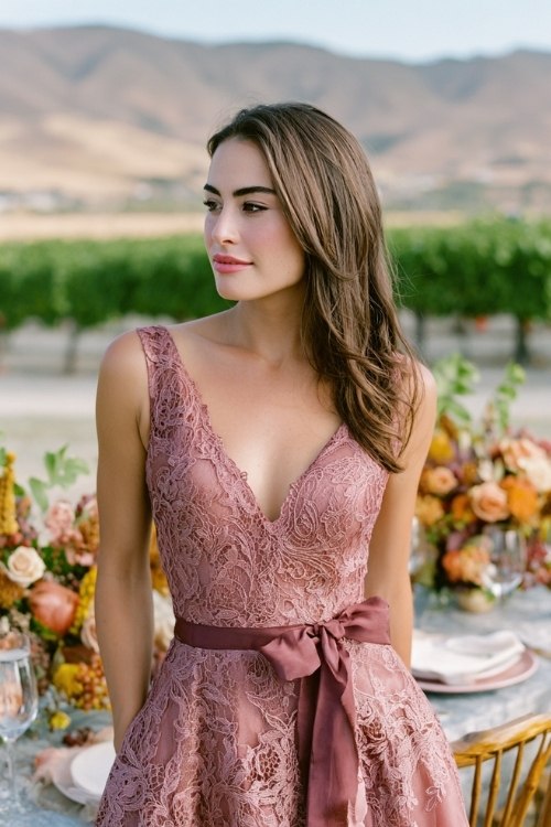 a woman in a dusty rose tea-length dress with lace overlay and satin ribbon waist