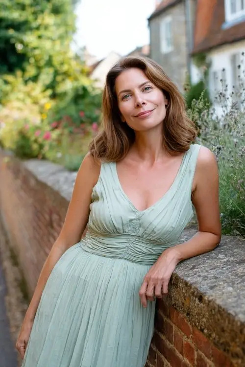 a woman over 50 in a mint green sleeveless dress with pleated bodice