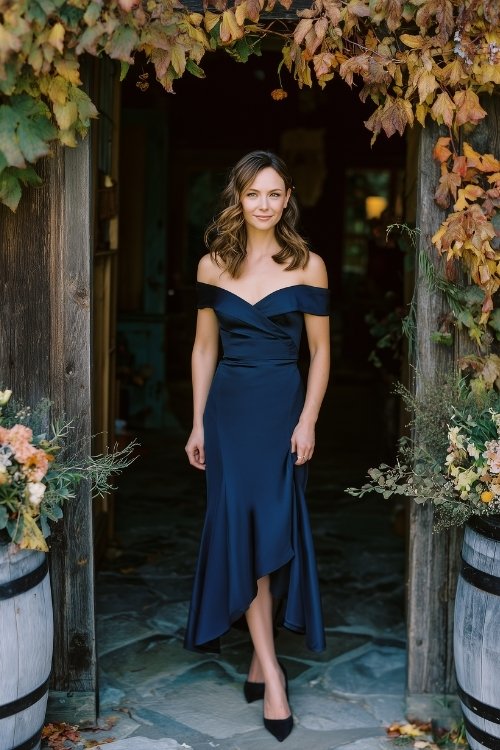 A woman wearing an elegant navy off-the-shoulder high-low dress and black heels