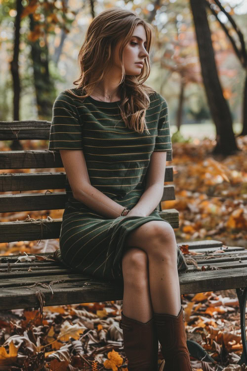 A woman wears brown cowboy boots with a stripped green dress