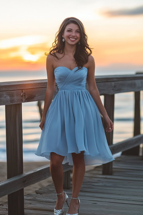 A Mature woman in a periwinkle blue strapless midi dress with a ruffled bodice and A-line skirt, styled with silver heels and drop earrings