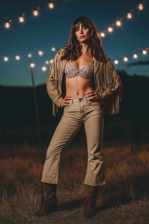 A woman wears a sequined crop top with high-waisted flared jeans, paired with a fringe jacket and cowboy boots, standing in a field under glowing string lights