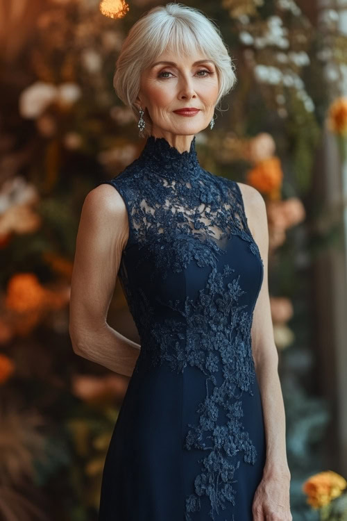 A fashionable woman over 50 in a deep navy sleeveless gown with a high neckline, floral appliqueÌs, and a dramatic flowing train