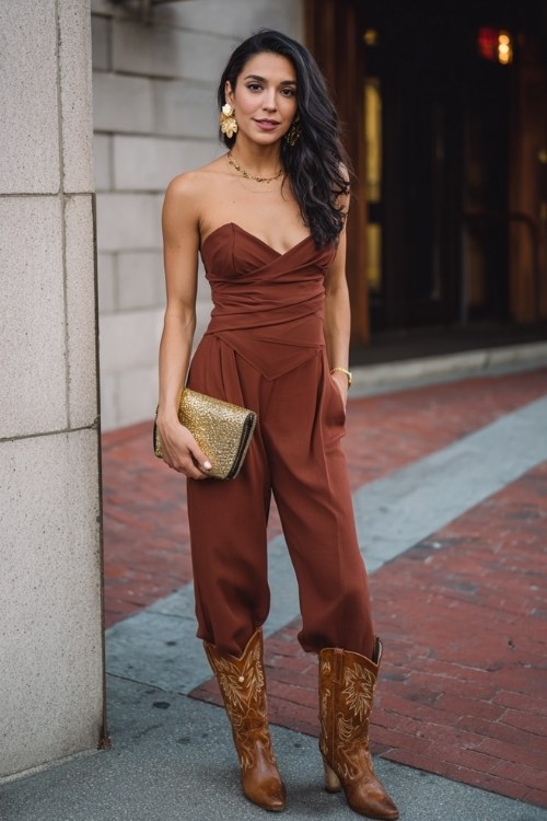 A woman wears cowboy boots with a curve-hugging jumpsuit, statement earrings, and a bold clutch