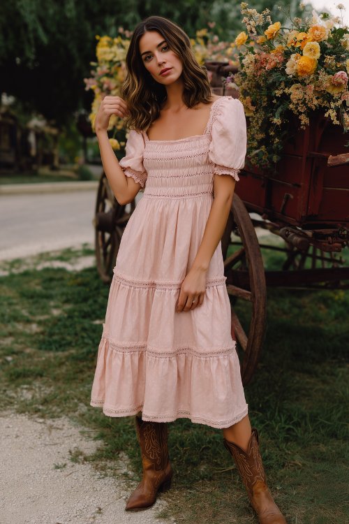 A woman in a soft pink tiered midi dress with lace-trimmed sleeves and a square neckline, styled with classic brown cowboy boots