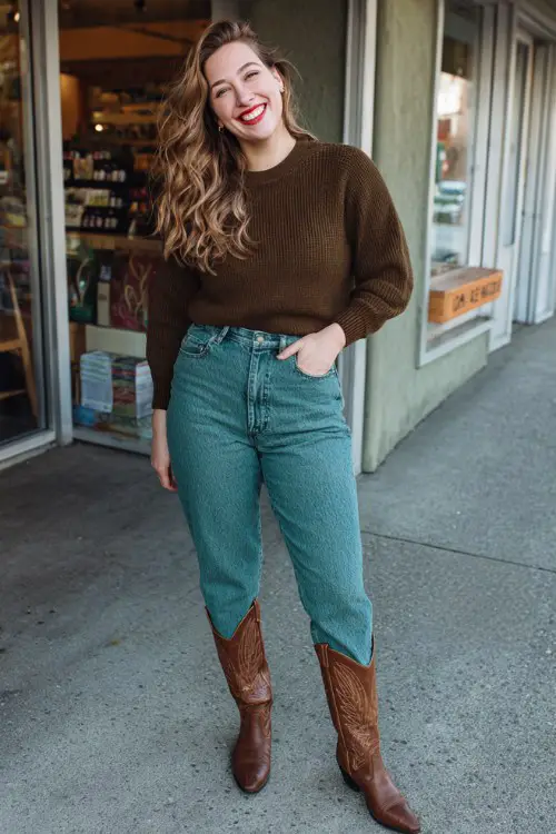 A curvy woman wears brown tall cowboy boots with high-waisted jeans and a dark green knit top