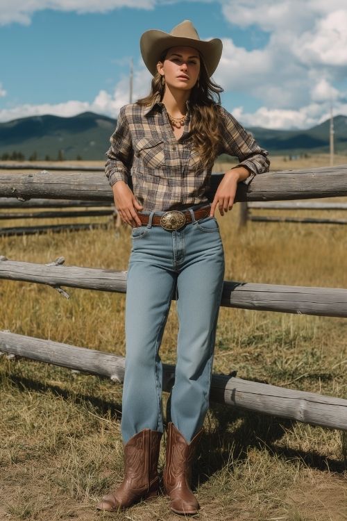 a woman wears a flannel shirt with jeans and brown cowboy boots for rodeo