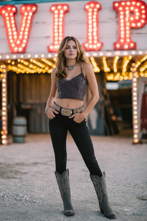 A woman wears black skinny jeans, a faux suede crop top with concho belt detailing, and dark grey cowboy boots