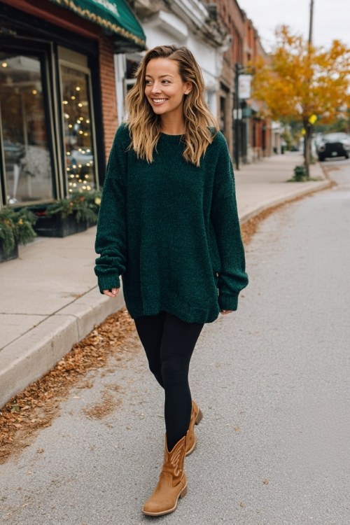 A woman wears black leggings with an oversized forest green sweater and tan short cowboy boots