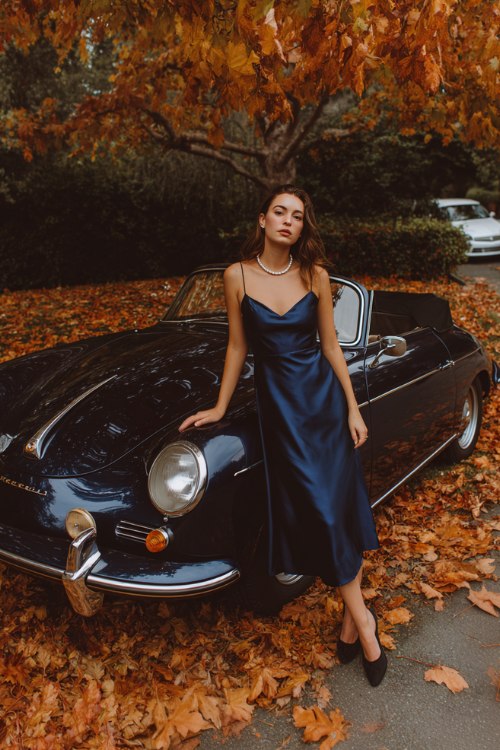 A woman wears a navy blue satin midi dress with spaghetti straps and a slight A-line cut, styled with classic black pumps