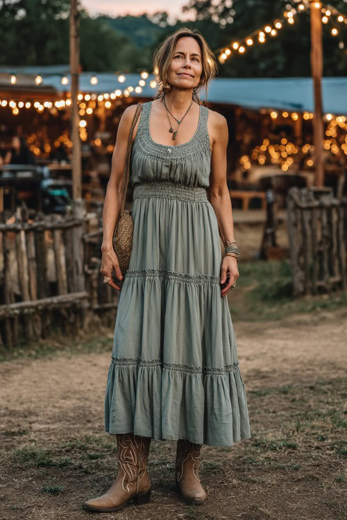 A woman over 40 wearing a sleeveless tiered maxi dress in soft sage green, paired with classic cowboy boots and a straw crossbody purse