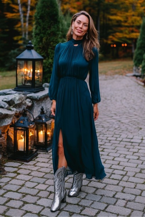 A woman over 40 in a dark teal chiffon maxi dress with a high neckline and keyhole back, paired with metallic silver cowboy boots