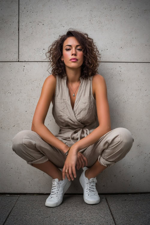 A woman in a sleeveless jumpsuit with a relaxed fit, cinched waist, and white sneakers, styled for casual outdoor dinner, simple studio background
