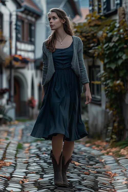 a woman wears a grey cardigan, a long navy dress with cowboy boots