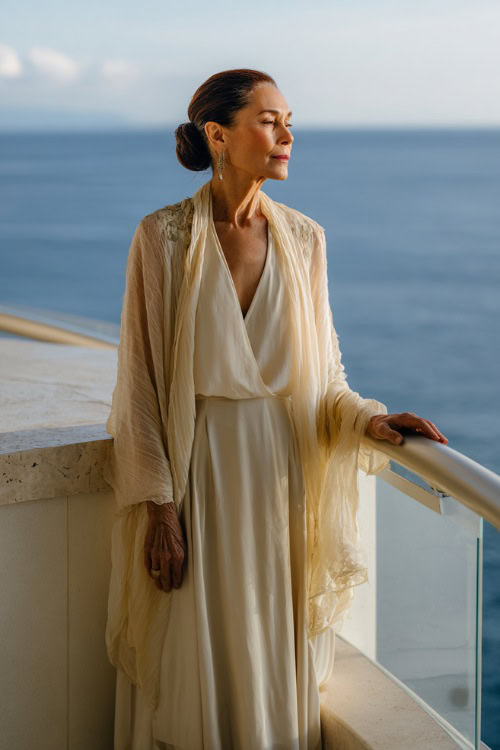 A woman over 50 wearing a flowy off-white chiffon gown with a sheer shawl and low bun hairstyle, standing on a balcony overlooking the ocean