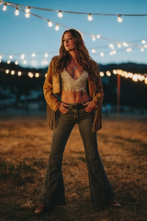 A woman wears a sequined crop top with high-waisted flared jeans, paired with a fringe jacket and cowboy boots, standing in a field under glowing string lights