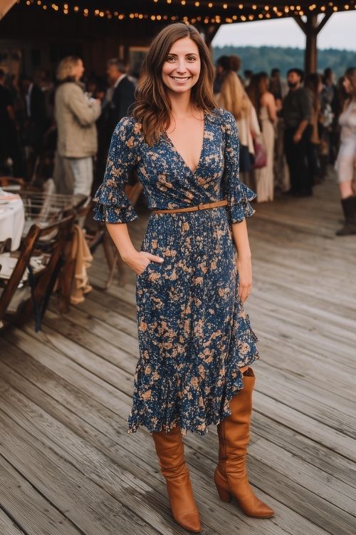 a woman wears a navy floral wedding guest dress with wrap style, paired with brown tall boots for fall barn wedding