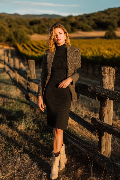 A woman in a black mock-neck midi dress with subtle shimmer, styled with bone-toned cowboy boots and a structured dark olive blaze