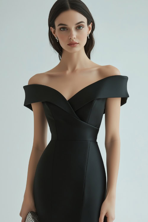 a woman wears a classy black wedding guest dress