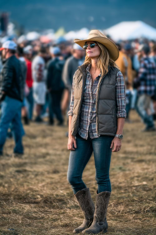 A woman wears a quilted vest over a plaid button-down shirt, skinny jeans, and distressed cowboy boots, styled with a wide-brim hat in a fall country concert crowd