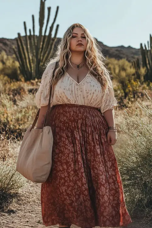 A relaxed plus-size outfit featuring a boho midi skirt with a lightweight peasant top and a canvas tote bag, standing near desert plants