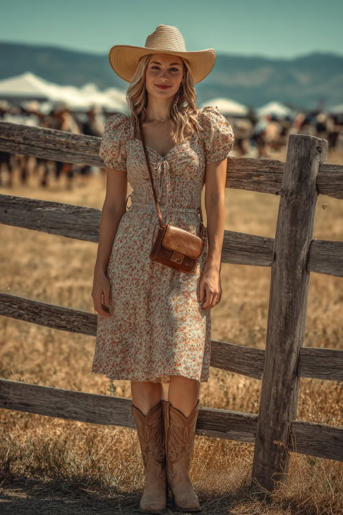 A woman in a smocked floral midi dress with short sleeves and classic tan cowboy boots, accessorized with a straw hat and a small leather bag
