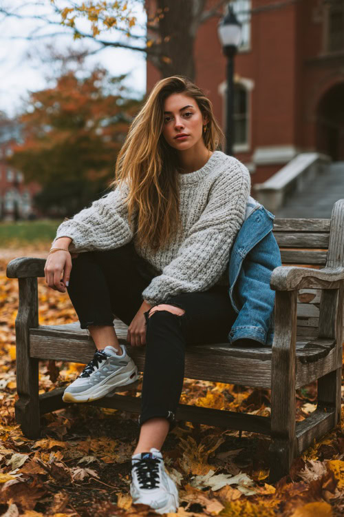 Girl in an oversized knit sweater, denim jacket, black jeans, and sneakers, sitting on a campus bench surrounded by fallen leaves
