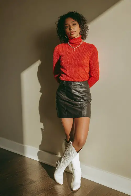 A woman in her 30s wears a fitted red turtleneck sweater, black faux leather skirt, and white cowboy boots
