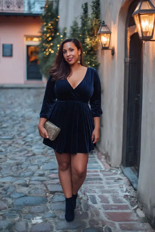 A curvy woman wears a navy velvet A-line dress with a V neckline, paired with heeled boots and a metallic clutch