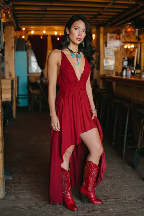 A woman wears a flowing red high-low dress with a plunging neckline and turquoise accessories, paired with red cowboy boots