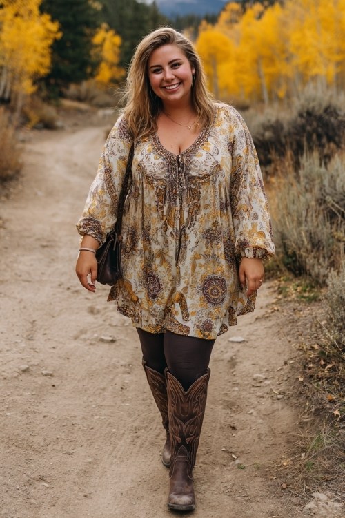 A plus-size woman wears dark leggings with tall brown cowboy boots and a flowy tunic blouse