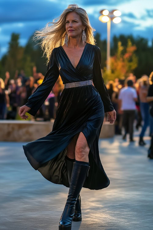 A stylish woman over 40 in a belted long-sleeve maxi dress with subtle metallic details, paired with knee-high boots