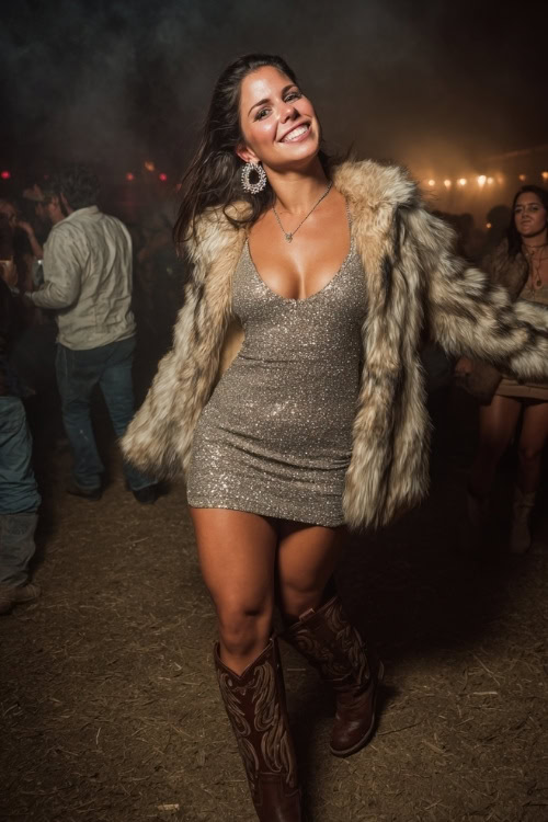 A curvy woman in a glitter mini dress layered with a faux-fur coat, tall cowboy boots, and bold earrings, dancing at a night country concert