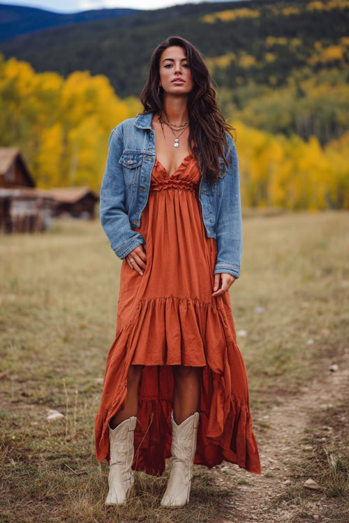 A woman wears a flowy rust-orange maxi dress with ruffle details, layered with a denim jacket and paired with cream cowgirl boots