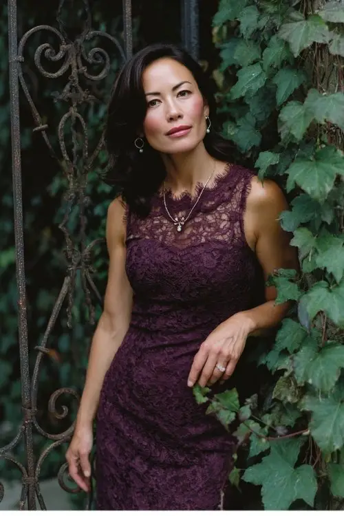 a woman over 50 in a plum lace sheath dress with scalloped hem and illusion neckline (3)
