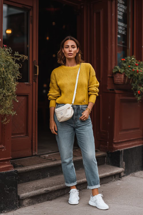 A woman wearing mom jeans, a mustard yellow knit sweater, and white low-top sneakers, carrying a small crossbody bag outside a neighborhood pub
