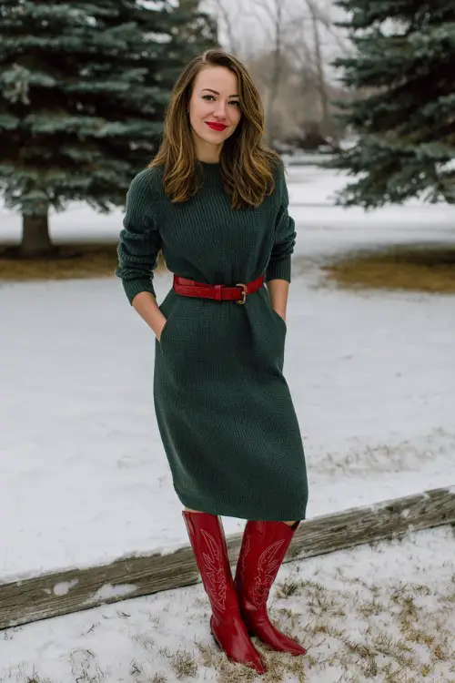 A woman over 30 wears a forest-green sweater dress belted at the waist with glossy red cowboy boots