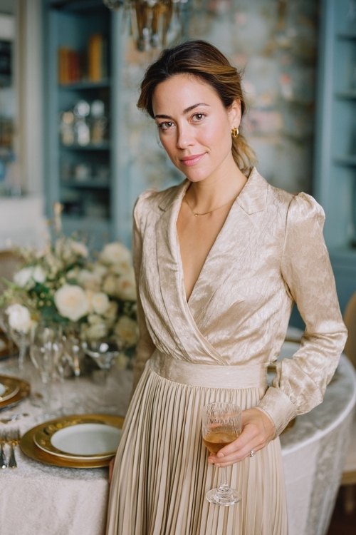 a woman over 50 in a champagne jacquard cocktail dress with pleated skirt