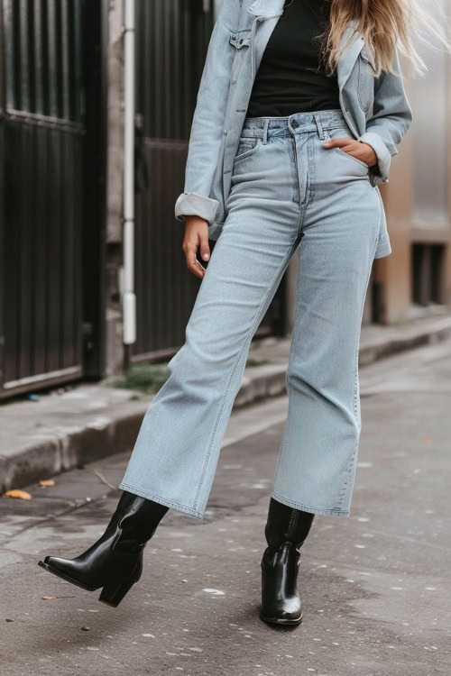 a woman wears black top, denim jacket, crop flare jeans and black cowboy boots