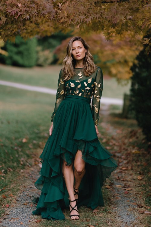 A woman wears a deep emerald green gown with an asymmetrical layered skirt, sheer long sleeves embroidered with gold leaf motifs