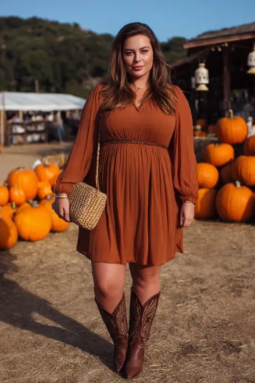 A plus-size woman wears a burnt sienna long-sleeve chiffon dress with bell sleeves and a smocked waist, paired with chocolate brown cowboy boots and a woven clutc