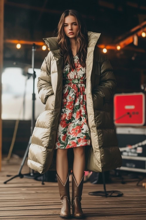 A stylish woman wearing a lightweight puffer coat, a floral print midi dress