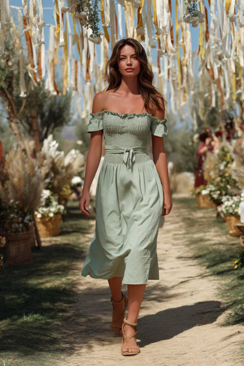 A woman in a pastel green smocked sundress with short sleeves and woven wedges, walking through a bohemian-style garden wedding setup, full body view