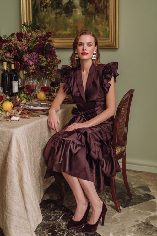 A woman over 40 wears a deep eggplant tea-length dress with layered ruffle sleeves and a satin waist bow, styled with velvet ankle-strap heels