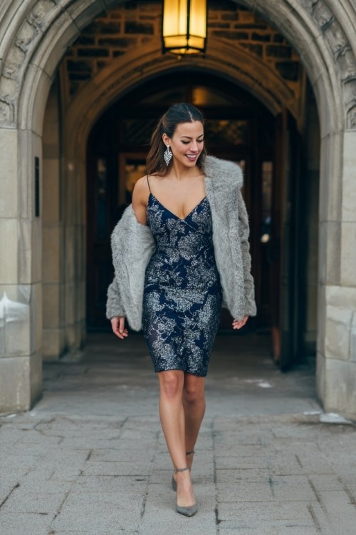 woman wears a navy dress with silver sequin overlay in a cascading vine pattern, styled with a cropped grey fur coat
