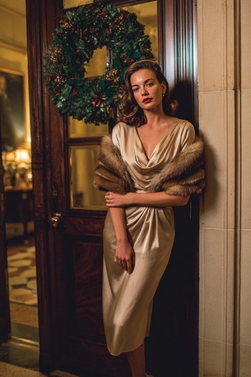 a woman over 50 in a champagne satin tea-length dress with draped neckline, wearing a fur-trimmed shawl