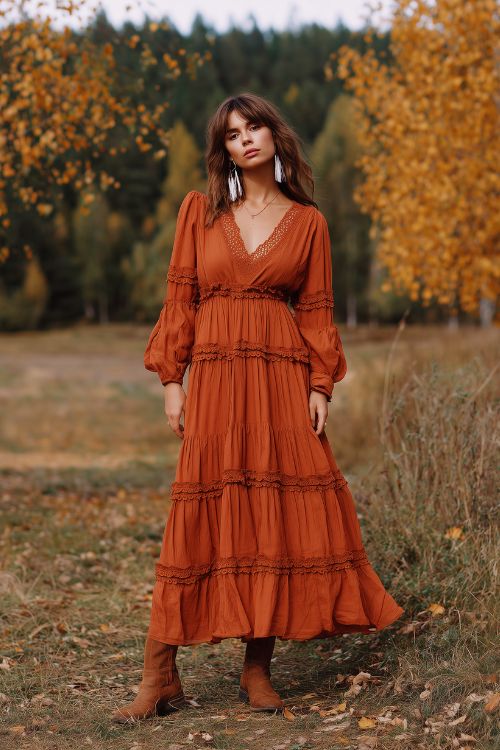 A woman wearing a long-sleeve burnt orange boho maxi dress with tiered ruffles and a lace-trimmed V-neckline, paired with ankle boots and feather earrings